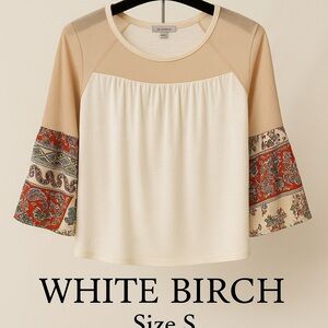 White Birch Boho Patchwork Sleeve Top Size Small/Check out the Sleeves So COOL